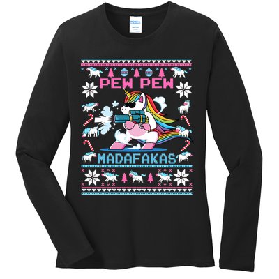 Unicorn Pew Pew Madafakas Ugly Christmas Sweater Ladies Long Sleeve Shirt