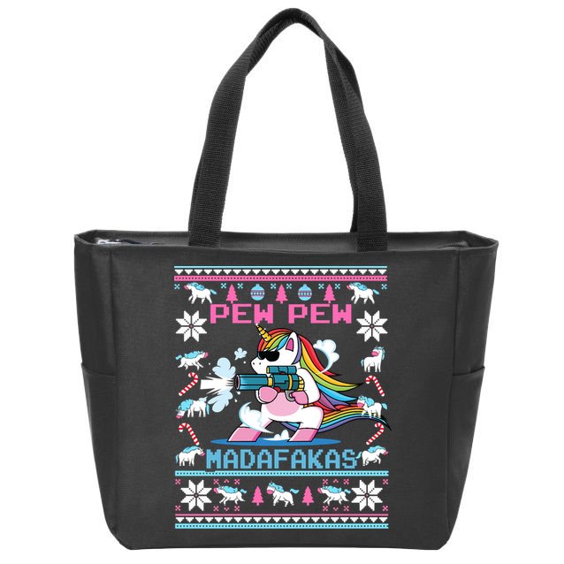 Unicorn Pew Pew Madafakas Ugly Christmas Sweater Zip Tote Bag