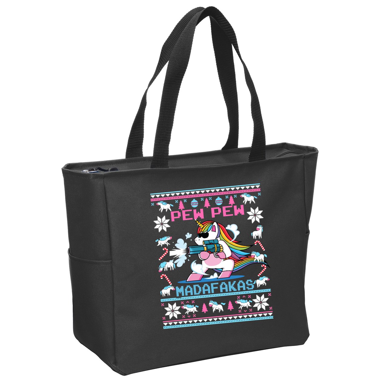 Unicorn Pew Pew Madafakas Ugly Christmas Sweater Zip Tote Bag