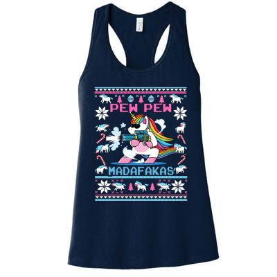 Unicorn Pew Pew Madafakas Ugly Christmas Sweater Women's Racerback Tank