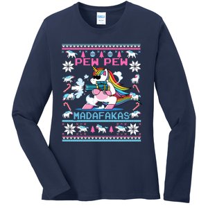 Unicorn Pew Pew Madafakas Ugly Christmas Sweater Ladies Long Sleeve Shirt