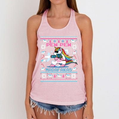 Unicorn Pew Pew Madafakas Ugly Christmas Sweater Women's Knotted Racerback Tank