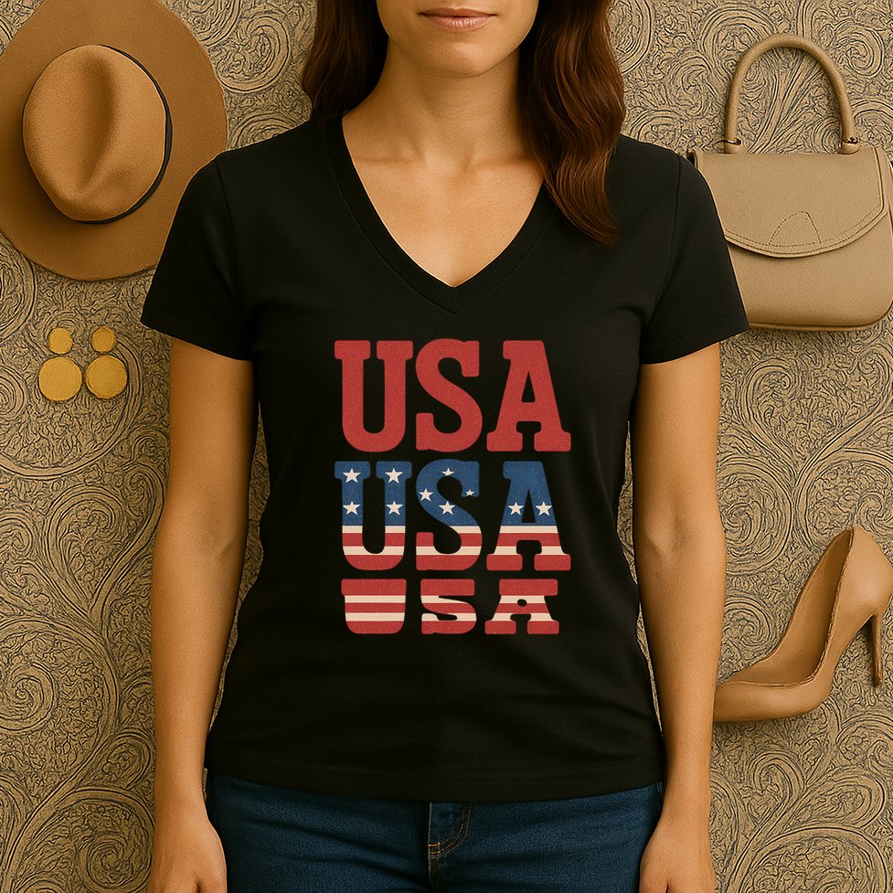 USA Patriotic Print Women's V-Neck T-Shirt