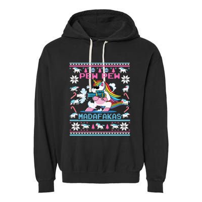 Unicorn Pew Pew Madafakas Ugly Christmas Sweater Garment-Dyed Fleece Hoodie