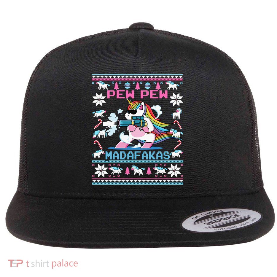 Unicorn Pew Pew Madafakas Ugly Christmas Sweater Flat Bill Trucker Hat