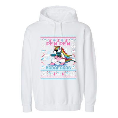 Unicorn Pew Pew Madafakas Ugly Christmas Garment-Dyed Fleece Hoodie