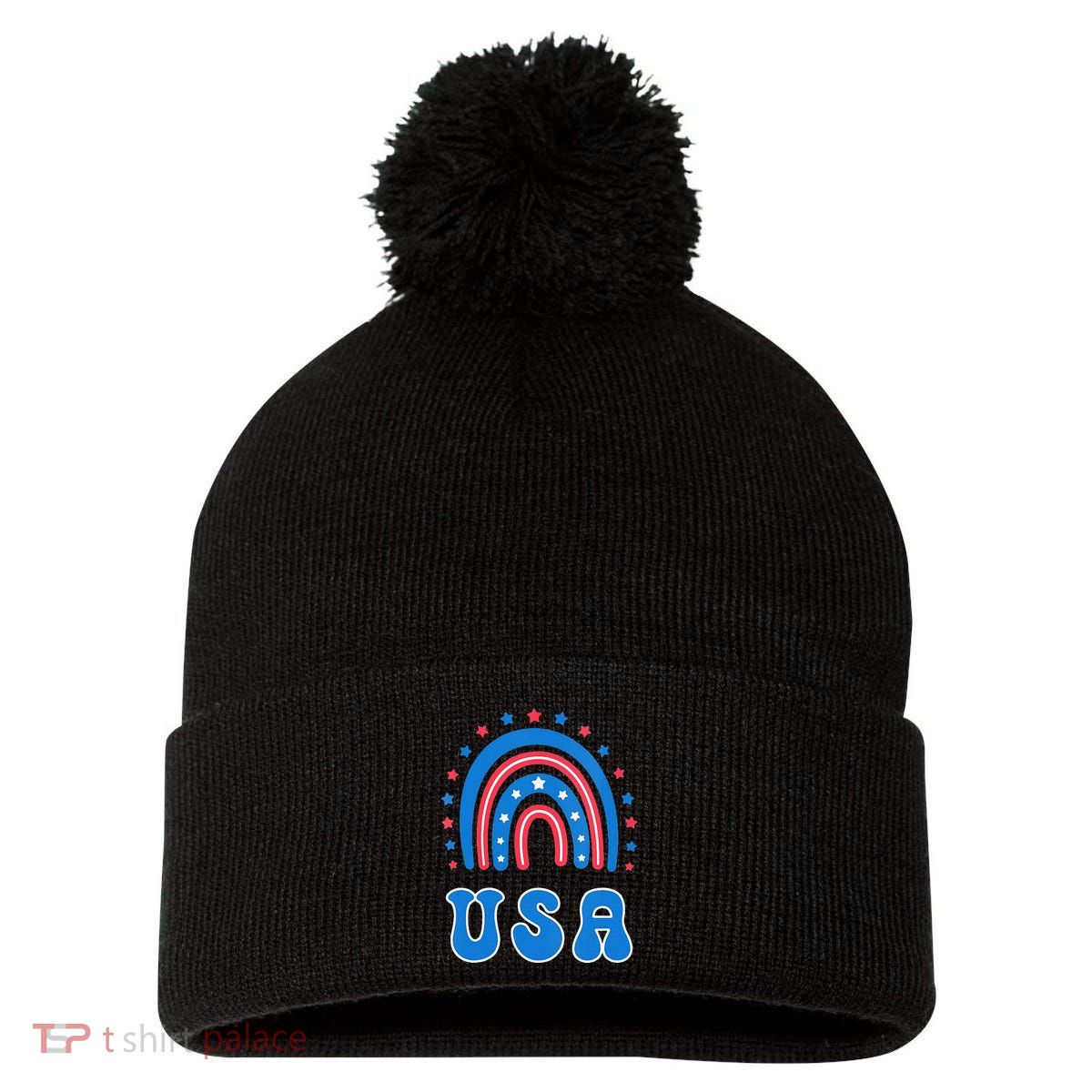 Usa Patriotic Proud To Be An American Pom Pom 12in Knit Beanie