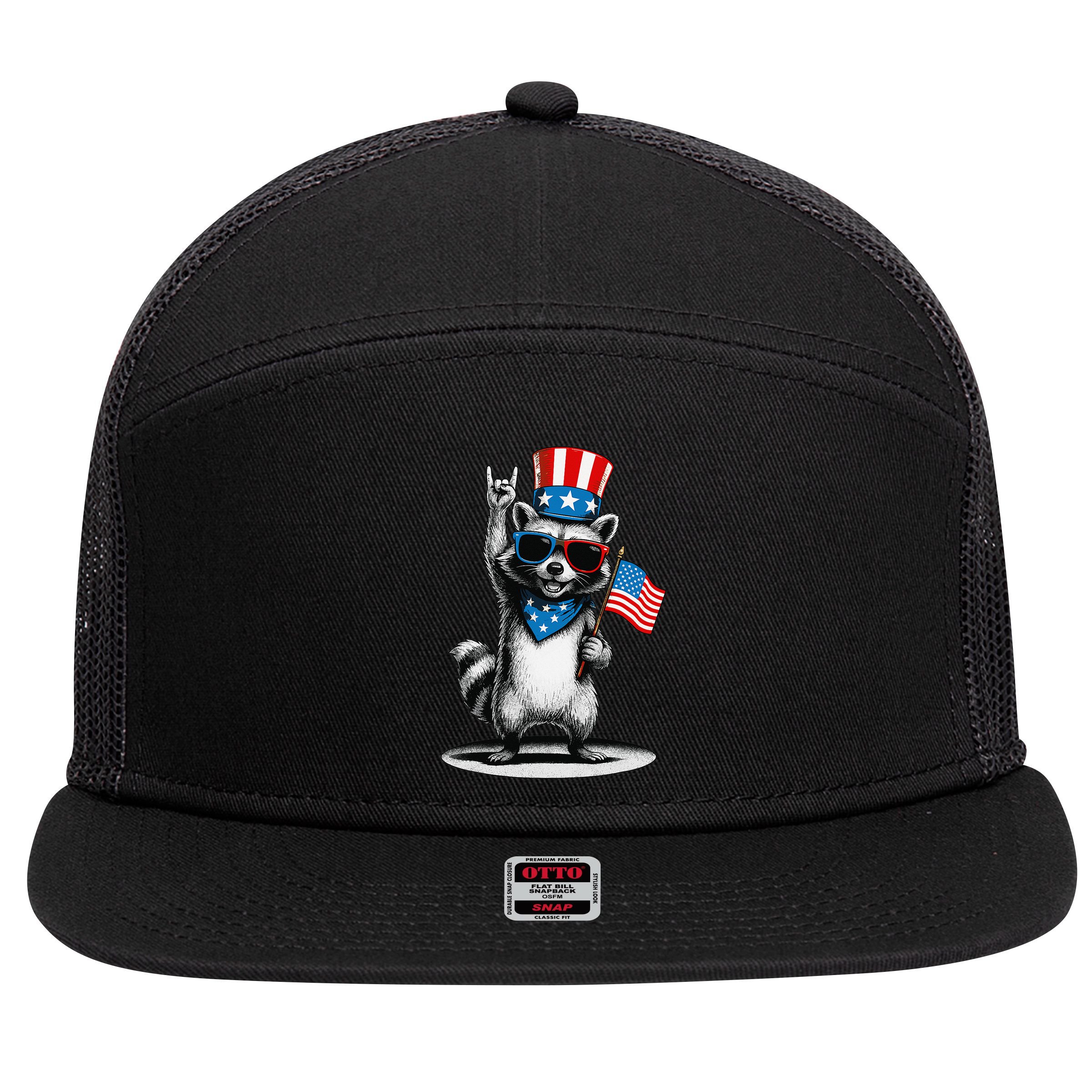 USA Patriotic Raccoon Women Funny 4th Of July 7 Panel Mesh Trucker Snapback Hat
