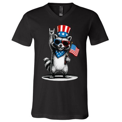 USA Patriotic Raccoon Women Funny 4th Of July V-Neck T-Shirt