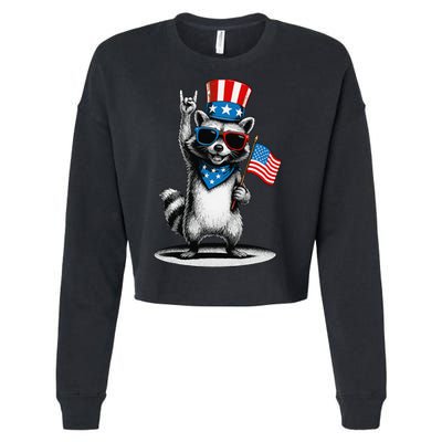 USA Patriotic Raccoon Women Funny 4th Of July Cropped Pullover Crew