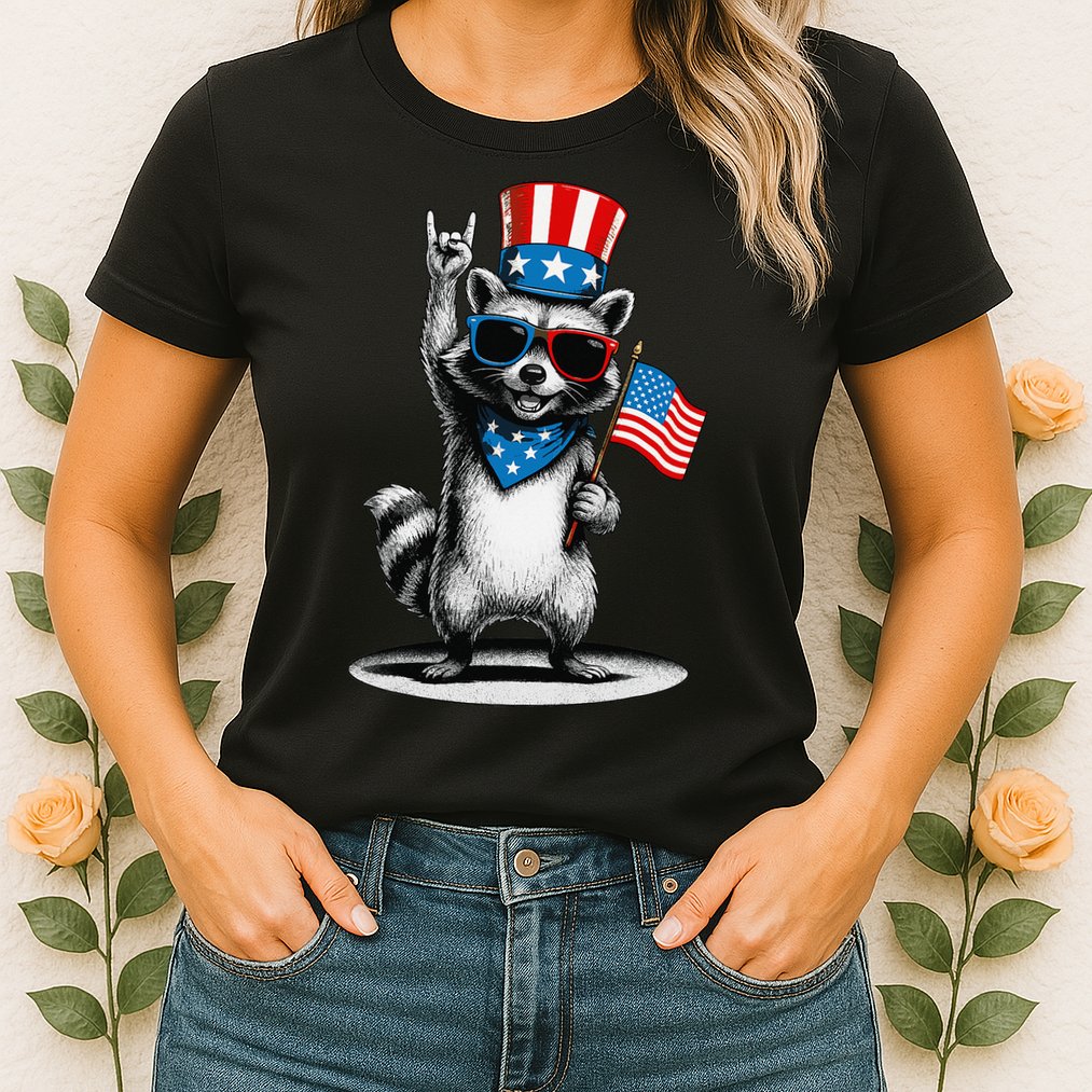 USA Patriotic Raccoon Women Funny 4th Of July Womens T-Shirt