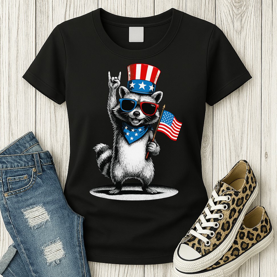 USA Patriotic Raccoon Women Funny 4th Of July Womens T-Shirt
