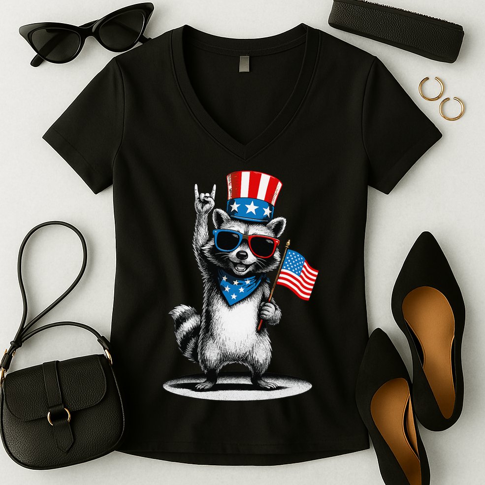 USA Patriotic Raccoon Women Funny 4th Of July Women's V-Neck T-Shirt