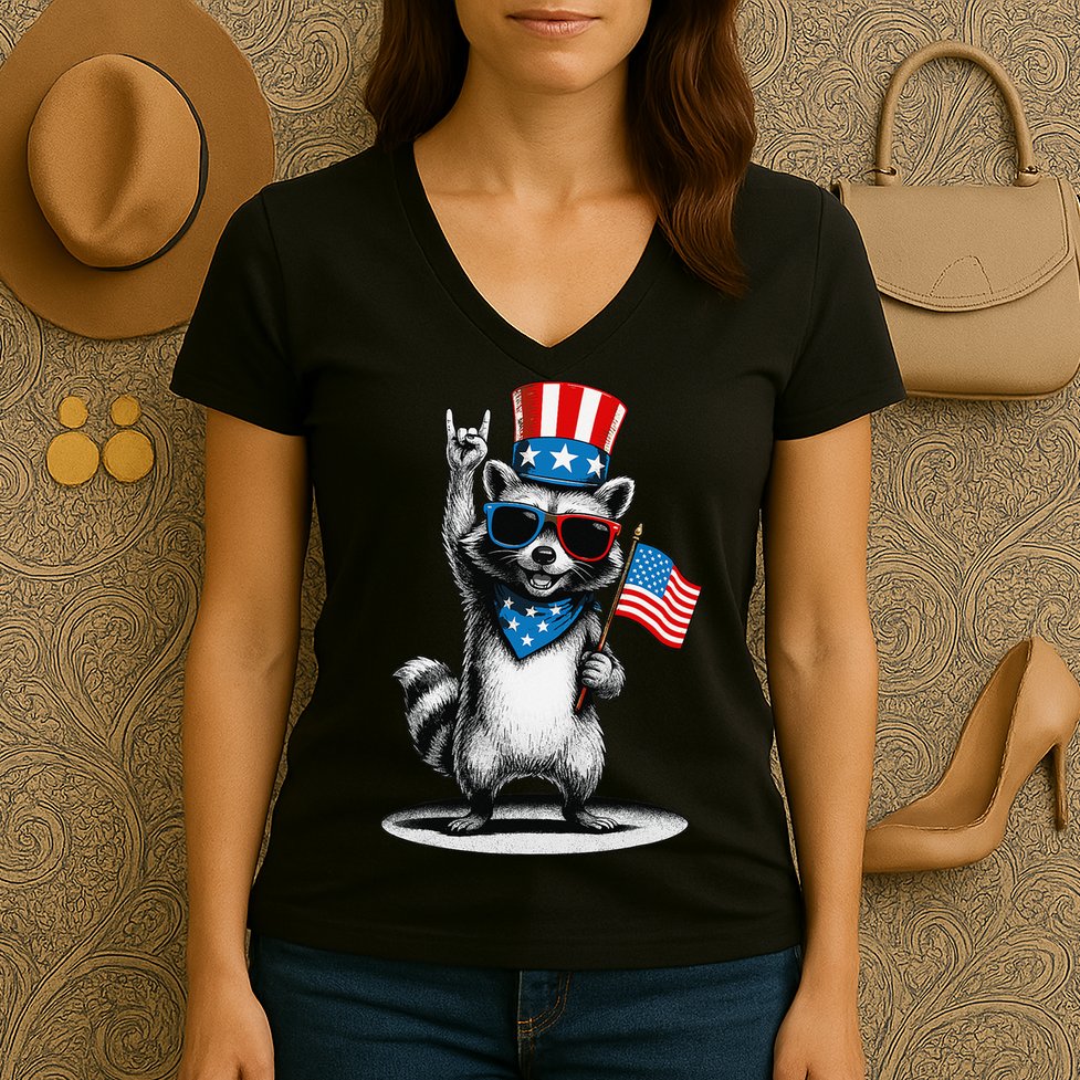 USA Patriotic Raccoon Women Funny 4th Of July Women's V-Neck T-Shirt