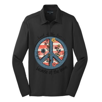 Usa Peace Sign Flag Land Of The Free Because Of The Brave Gift Silk Touch Performance Long Sleeve Polo