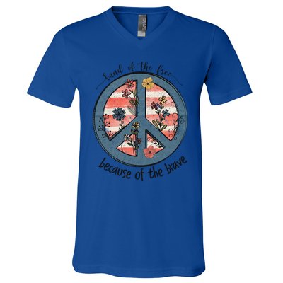 Usa Peace Sign Flag Land Of The Free Because Of The Brave Gift V-Neck T-Shirt