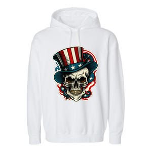 USA Proud Skull Top Hat American Flash Tattoo Retro 4th July Garment-Dyed Fleece Hoodie