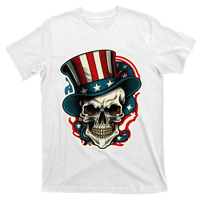 USA Proud Skull Top Hat American Flash Tattoo Retro 4th July T-Shirt