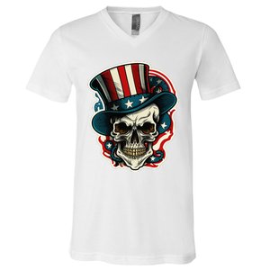 USA Proud Skull Top Hat American Flash Tattoo Retro 4th July V-Neck T-Shirt