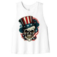 USA Proud Skull Top Hat American Flash Tattoo Retro 4th July Women's Racerback Cropped Tank