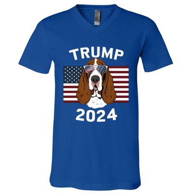 Us President Trump Election 2024 Basset Hound Dog Usa Flag Meaningful Gift V-Neck T-Shirt