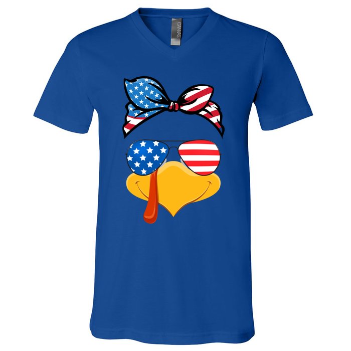 Usa Patriotic Turkey Face Thanksgiving Matching Girls Gift V-Neck T-Shirt