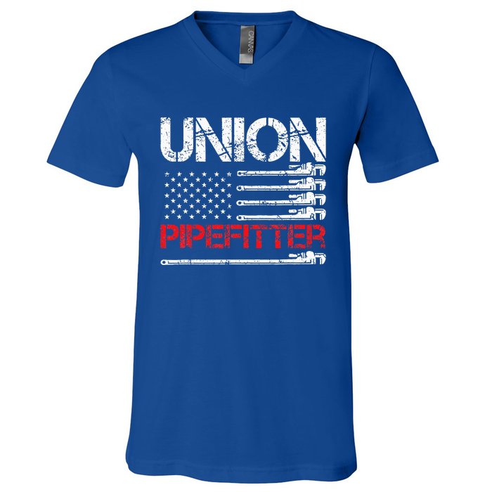 Union Pipefitter Union Strong USA American Flag V-Neck T-Shirt