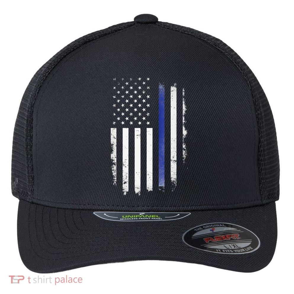 US Police USA American Flag Back The Blue Lives Matter Flexfit Unipanel Trucker Cap