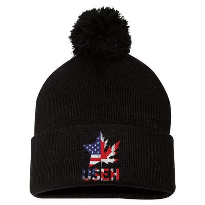 USEH Patriotic USA Star Canadian Maple Leaf Canada Pom Pom 12in Knit Beanie