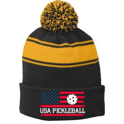 USA Pickleball Vector USA Flag Pickle Gift For Player Team Sport Stripe Pom Pom Beanie