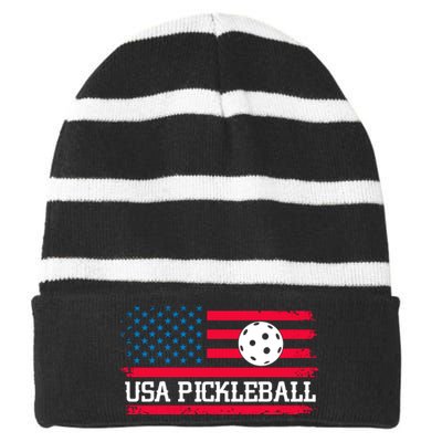 USA Pickleball Vector USA Flag Pickle Gift For Player Team Sport Striped Beanie with Solid Band