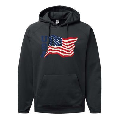 USA Patriotic Waving American Flag Design Performance Fleece Hoodie