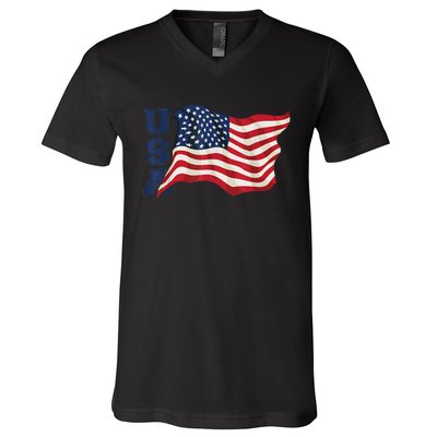 USA Patriotic Waving American Flag Design V-Neck T-Shirt