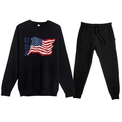 USA Patriotic Waving American Flag Design Premium Crewneck Sweatsuit Set