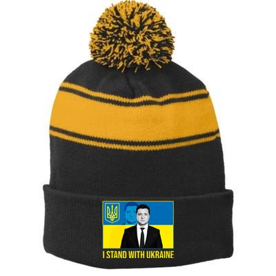 Ukrainian President Zelensky I Stand With Ukraine Stripe Pom Pom Beanie