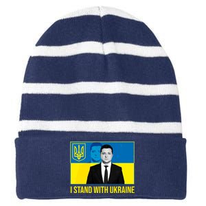 Ukrainian President Zelensky I Stand With Ukraine Striped Beanie with Solid Band