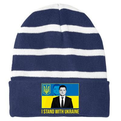 Ukrainian President Zelensky I Stand With Ukraine Striped Beanie with Solid Band