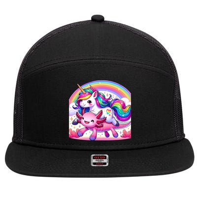 Unicorn Riding Axolotl Kawaii Rainbow 7 Panel Mesh Trucker Snapback Hat