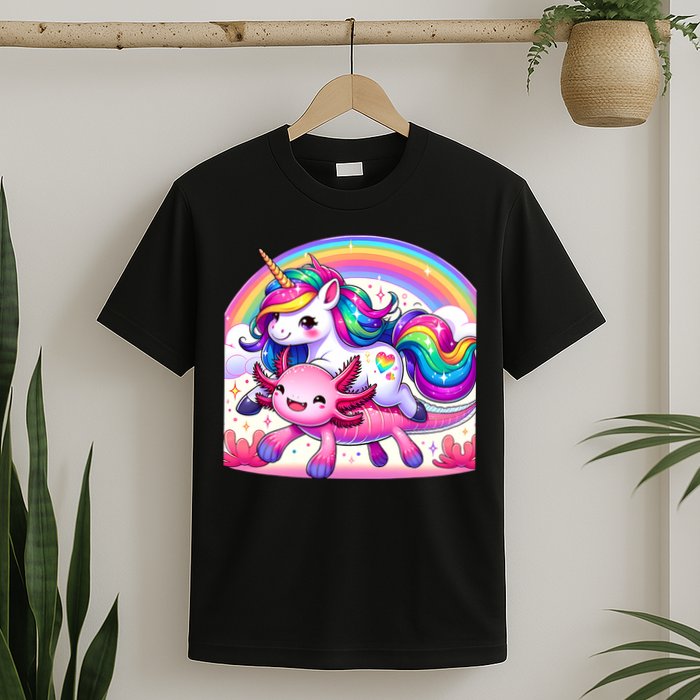 Unicorn Riding Axolotl Kawaii Rainbow T-Shirt