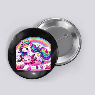 Unicorn Riding Axolotl Kawaii Rainbow Button