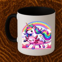 Unicorn Riding Axolotl Kawaii Rainbow Mug