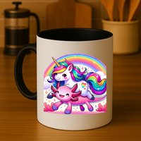 Unicorn Riding Axolotl Kawaii Rainbow Mug