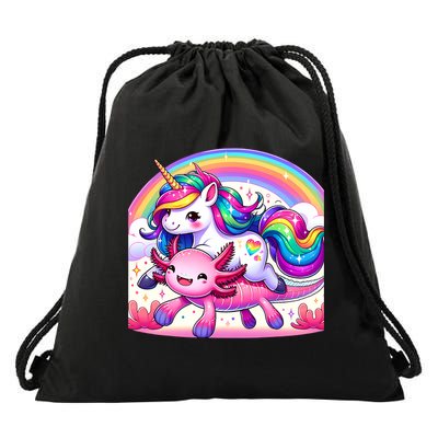 Unicorn Riding Axolotl Kawaii Rainbow Drawstring Bag
