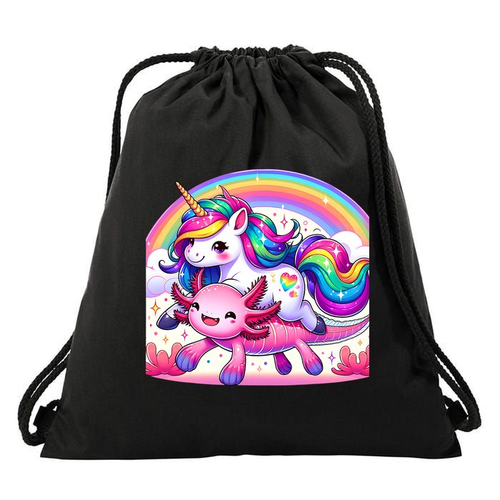 Unicorn Riding Axolotl Kawaii Rainbow Drawstring Bag