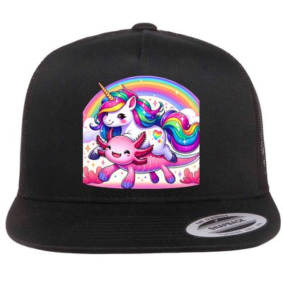 Unicorn Riding Axolotl Kawaii Rainbow Flat Bill Trucker Hat