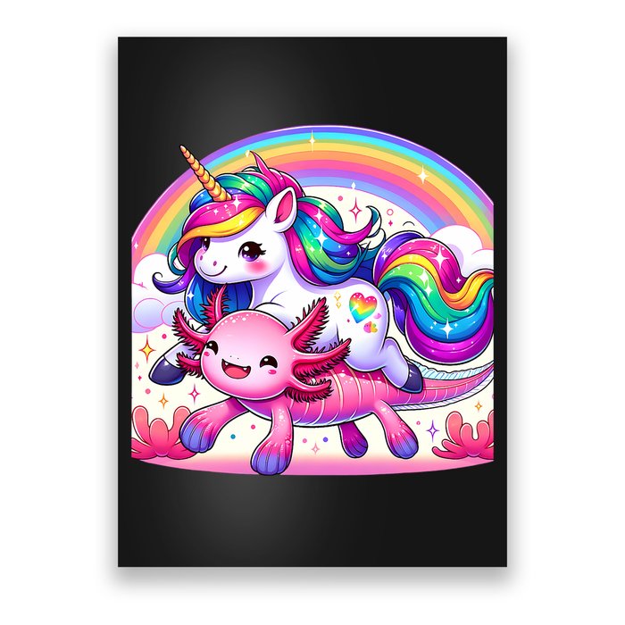 Unicorn Riding Axolotl Kawaii Rainbow Poster
