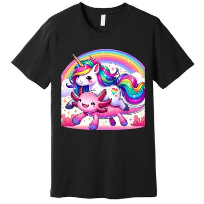 Unicorn Riding Axolotl Kawaii Rainbow Premium T-Shirt