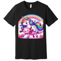 Unicorn Riding Axolotl Kawaii Rainbow Premium T-Shirt