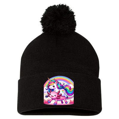 Unicorn Riding Axolotl Kawaii Rainbow Pom Pom 12in Knit Beanie
