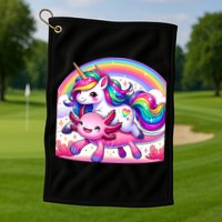 Unicorn Riding Axolotl Kawaii Rainbow Golf Towel